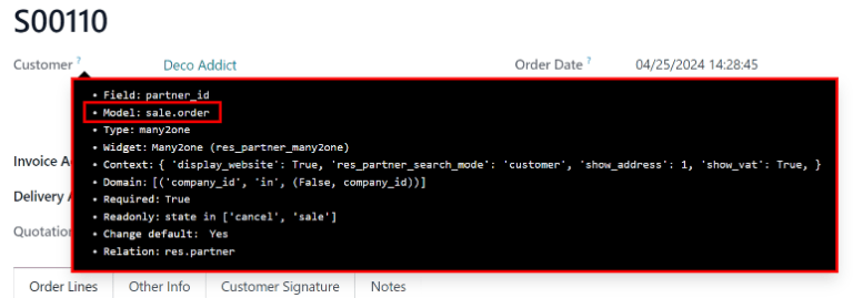 模型字段上显示的技术信息，突出显示对象。