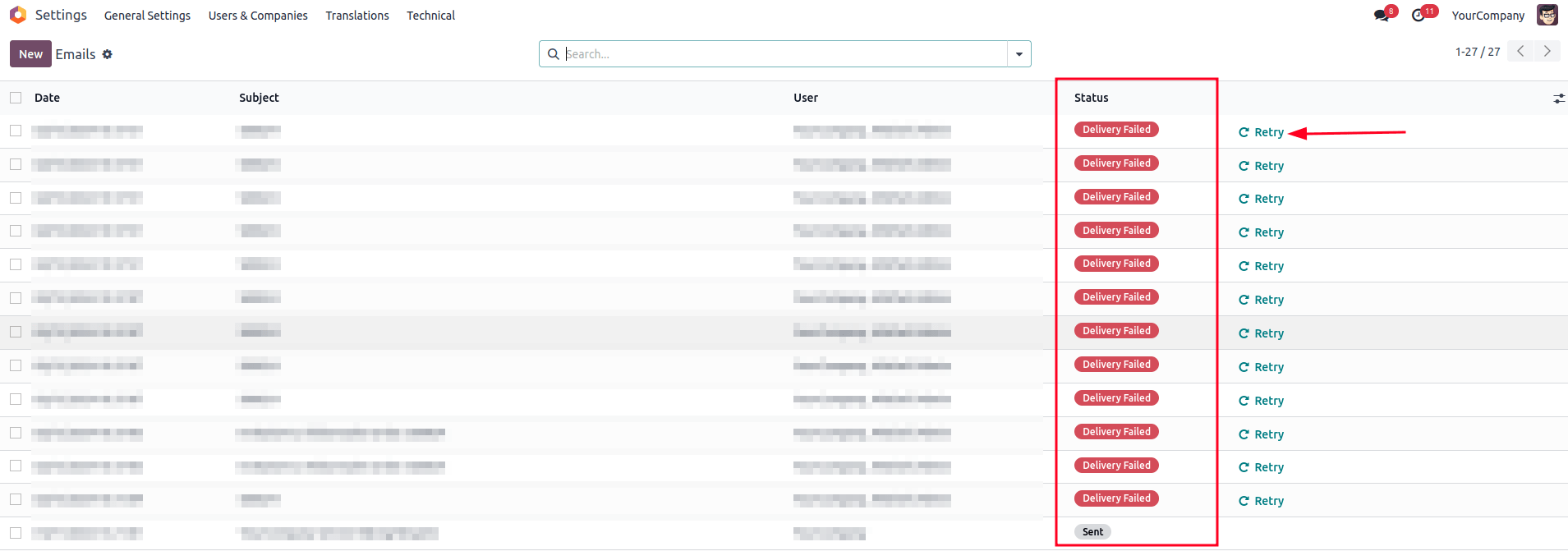 技术邮件队列视图示例。