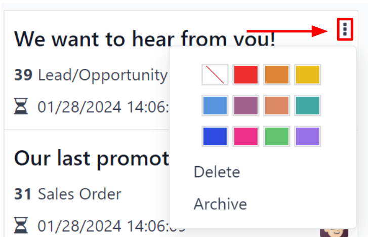 Odoo电子邮件营销仪表板上的三点下拉菜单视图。