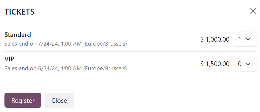 点击“注册”时在活动网站上显示的票务弹出窗口。