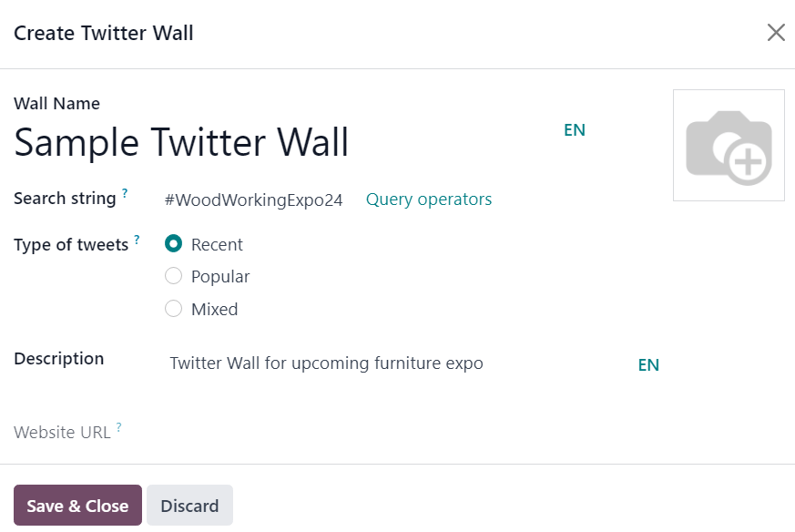 Odoo Events 应用中的 Twitter Wall 弹出窗口。