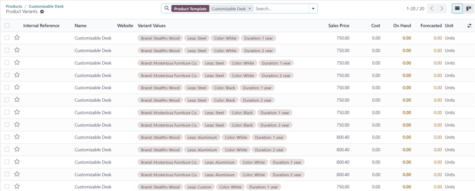 通过 Odoo 产品表单上的变体智能按钮可访问的变体页面。