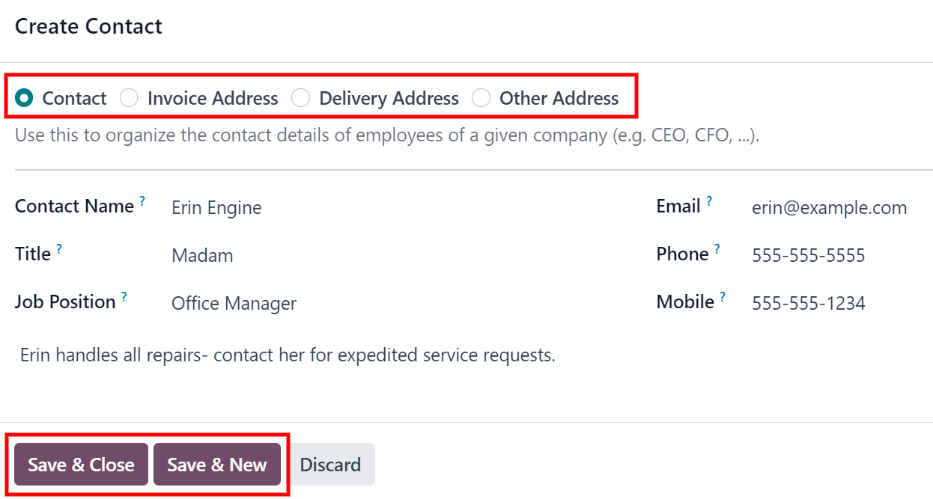 所有部分均已填写的创建联系人表单。