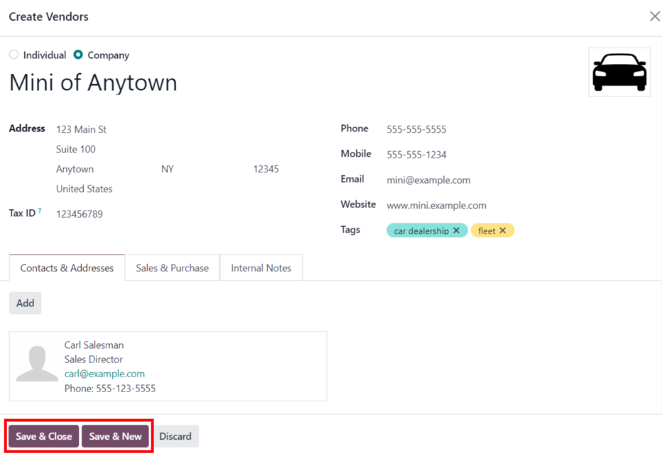 添加新供应商时需要填写的供应商表单。