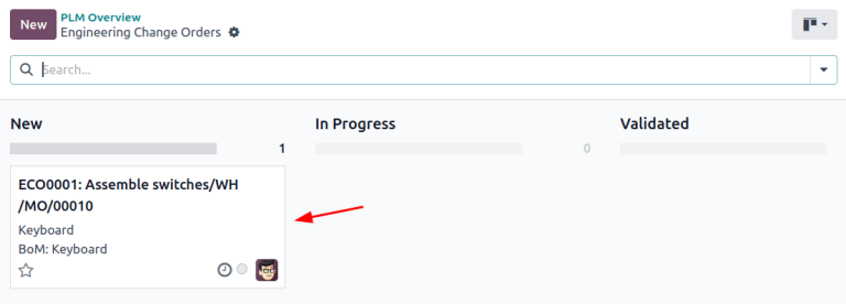 在 *新建* 阶段的 "BOM 变更" ECO 类型中找到新的 ECO。