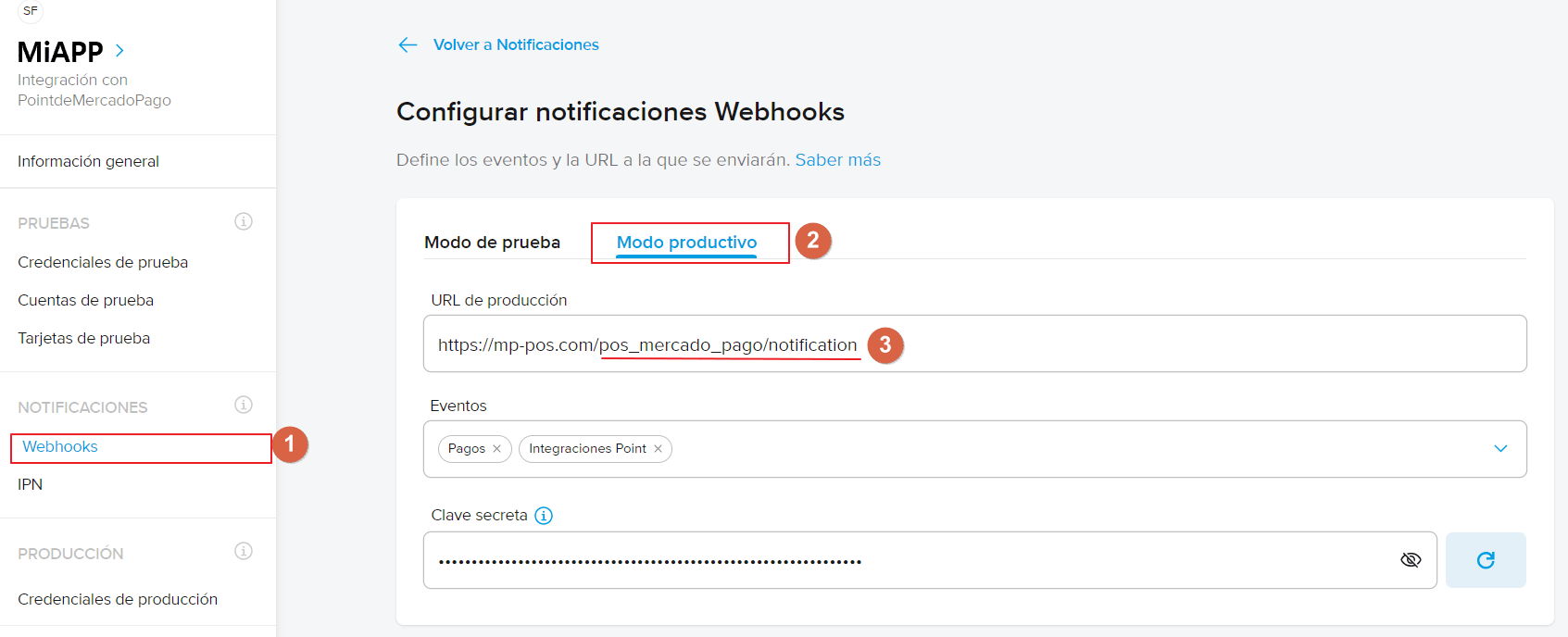 Mercado Pago 上的 Webhooks 配置。